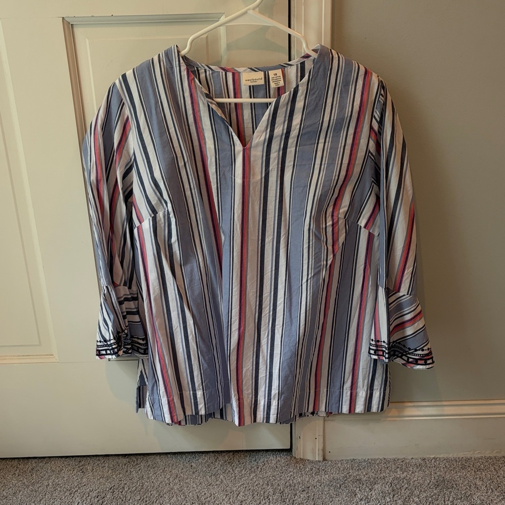 Westbound Striped V-Neck Blouse in Blue, White & Pink